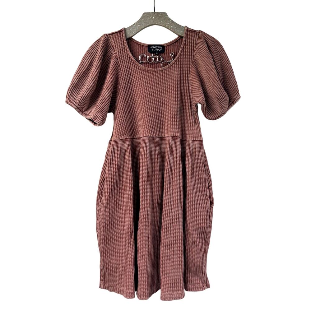 Known Supply Mini Dress Puff Sleeve Waffle Knit 100% Organic Cotton Pink S